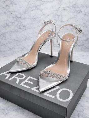 Arezzo Silver Crystal Knot Pointed Stiletto Heels